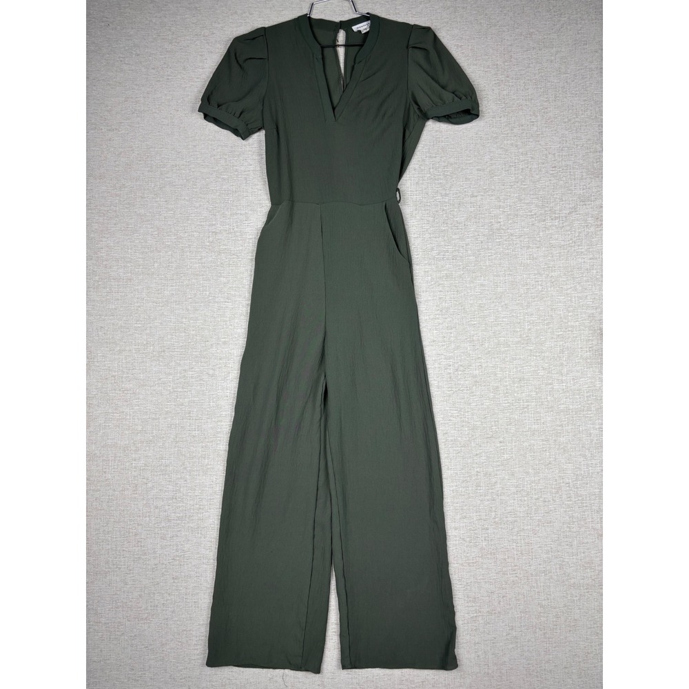 Monteau Los Angeles Womens Olive Green V-Neck Puff Sleeve Wide Leg Jumpsuit S